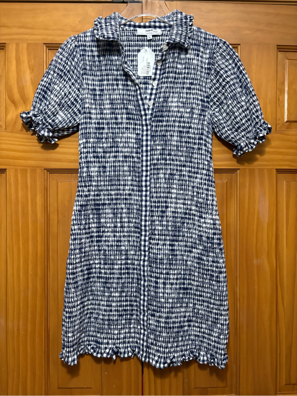 Jason Wu Navy And White Smocked Gingham Mini Dress Size 2 Euc